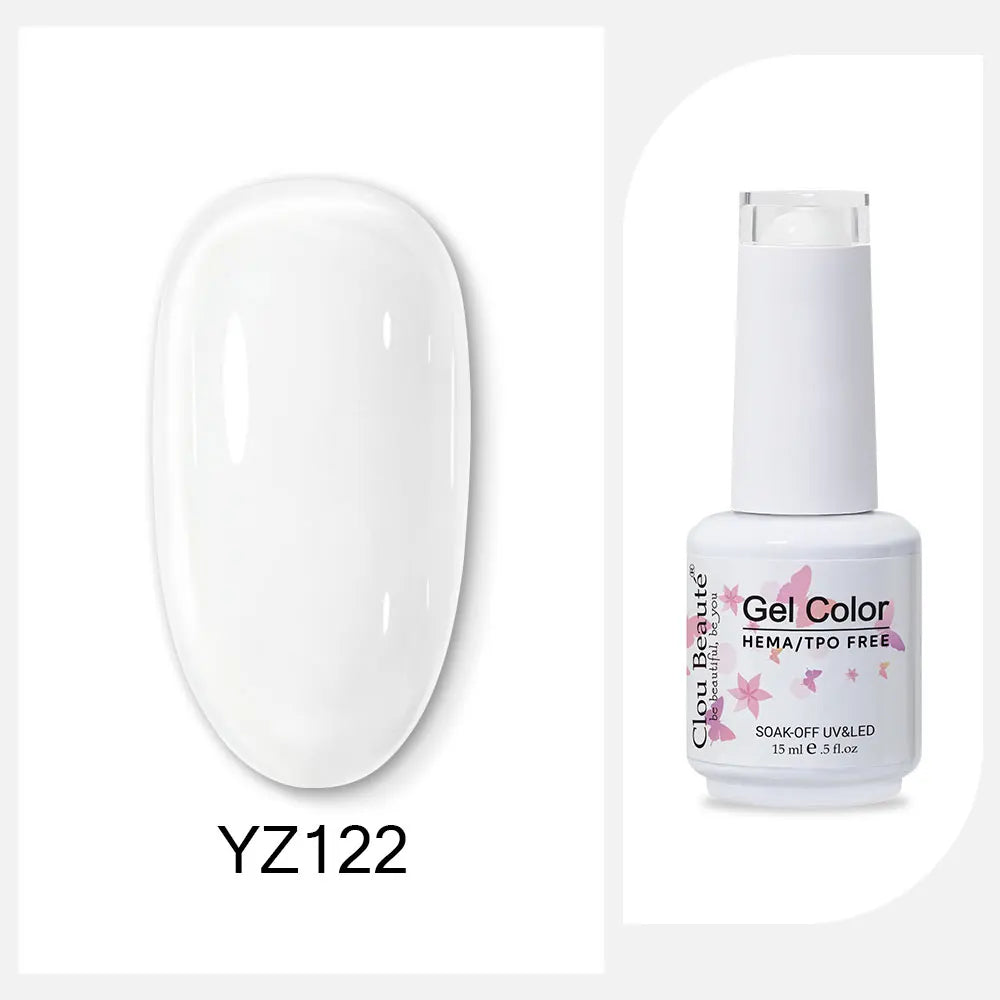 Blushimmer Clou Beaute 15ml gel nail polish with red, black, white, green, and neon colors, featuring velvet top coat and semi-permanent finish.
