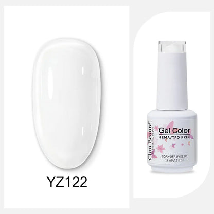 Blushimmer Clou Beaute 15ml gel nail polish with red, black, white, green, and neon colors, featuring velvet top coat and semi-permanent finish.