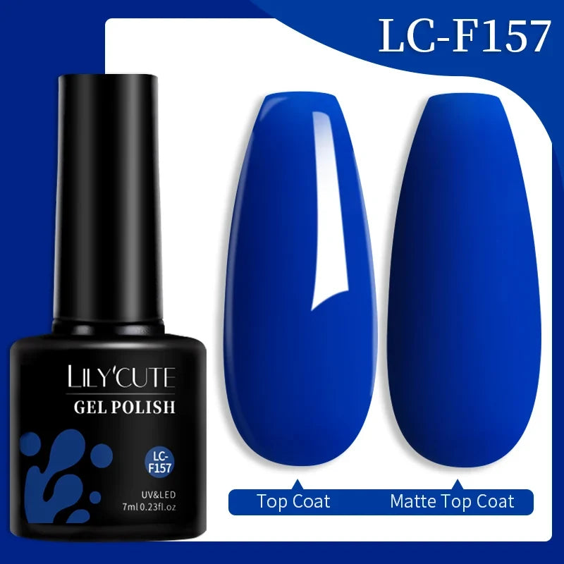 Colorful LilYCute 7ml gel nail polish bottles in various shades, featuring long-lasting semi-permanent UV gel varnish for nail art.