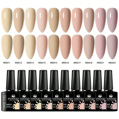 Blushimmer 10-piece HEMA-free gel nail polish set with vibrant shades for all-season DIY manicures, long-lasting UV/LED gel nails.