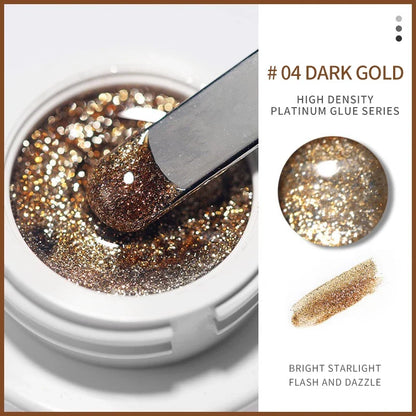 Silver and gold metallic nail gel polish by Blushimmer with UV glitter and reflective finish, ideal for professional nail art and soak-off manicures.