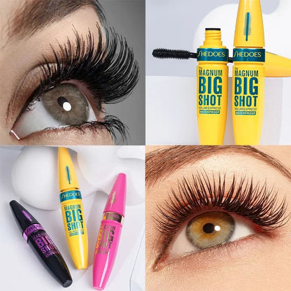 Black waterproof lengthening mascara by Blushimmer with thick, long-lasting black formula, applied to curled eyelashes.