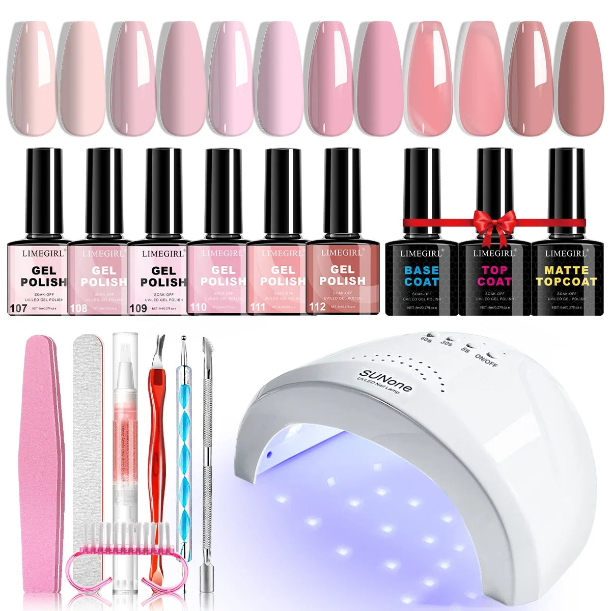 Blushimmer LimeGirl gel nail polish set with UV LED nail light and professional nail art tools in a colorful kit.