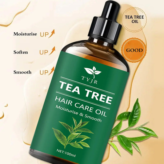 Blushimmer tea tree essential oil bottle for skin, face, hair, and massage with natural green tea tree leaves background