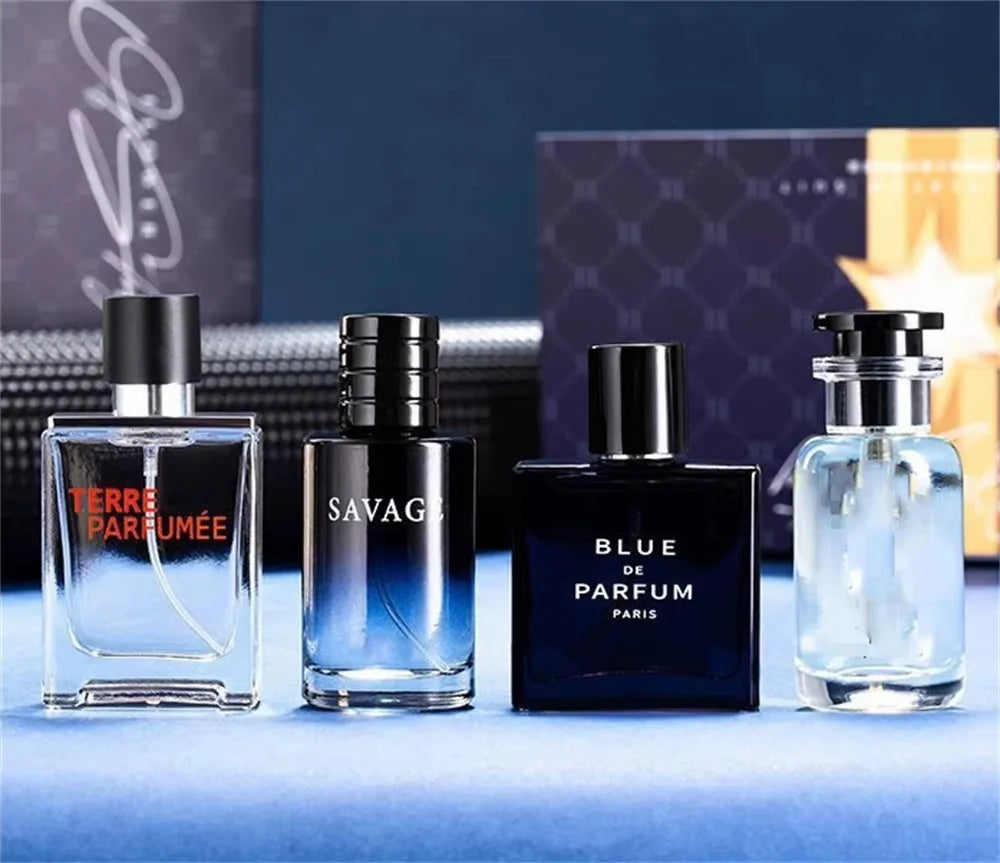 Set of four Blushimmer men's luxury perfume colognes in 100ml spray bottles with floral and fruity scents in a gift box.