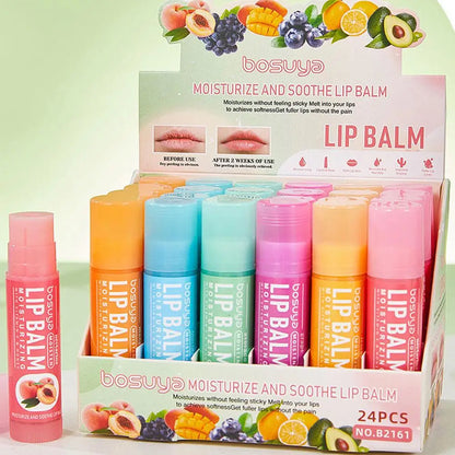 Assorted fruit flavor lip balm set by Blushimmer with six colorful tubes, hydrating and nourishing for dry lips and fine lines.