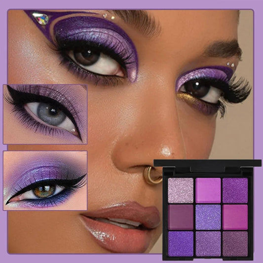 Blushimmer 9-color eyeshadow palette with matte, metallic, shimmer, and glitter shades in vibrant, waterproof, long-lasting makeup set.