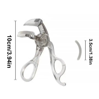 Blushimmer frameless eyelash curler with wide-angle clip and toothed comb for professional, portable eye makeup curling.