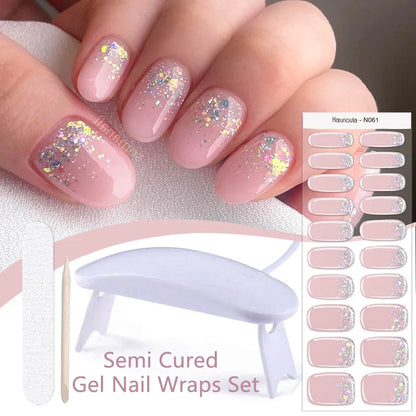 Blushimmer Harunouta 4-piece set of gradient jelly semi-cured gel nail strips with nude pink waterproof design and a nail lamp.