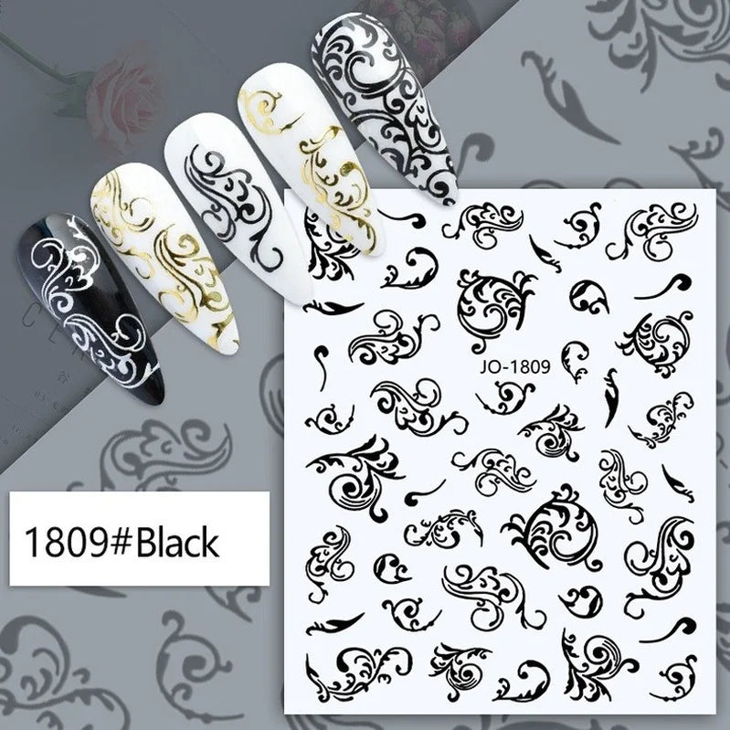 Black and white nail art stickers featuring sexy woman and girl designs for press-on nail decoration by Blushimmer.