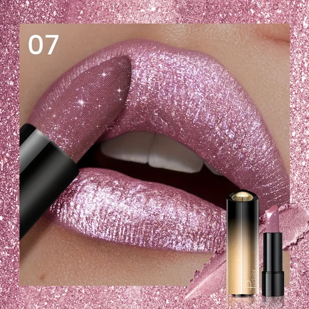 Blushimmer metallic shimmer lipstick with pearly glitter shine, creamy texture, and high color payoff for party makeup.