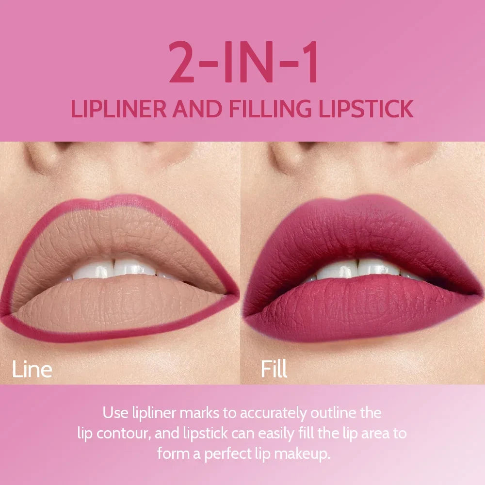 Blushimmer Rave Lady 2-in-1 matte lipstick and lipliner pencil in red, waterproof, long-lasting, perfect for festive makeup.