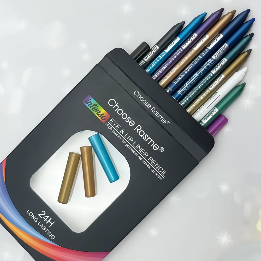 Set of 12 waterproof Blushimmer eyeliner pens with shimmering effects, including eyeshadow and highlighter, shown in the image.