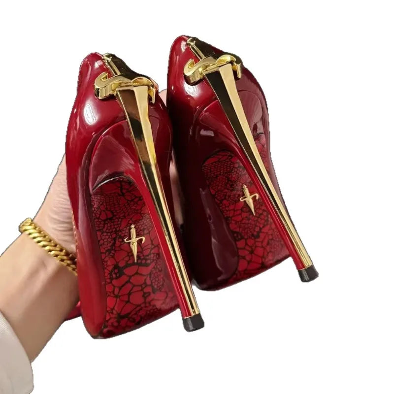 Early spring new red soled high heels for women, slim heels, pointed metal swords, sexy ladies,black patent leather single shoes