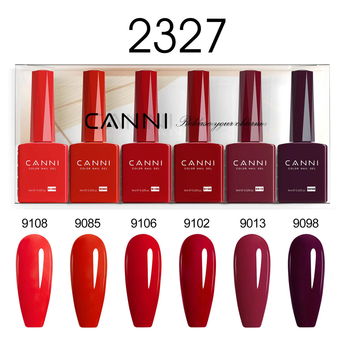 Blushimmer 6-pack 9ml CANNI HEMA-Free nail gel polish set with vibrant semi-permanent colors for UV and LED gel nails.