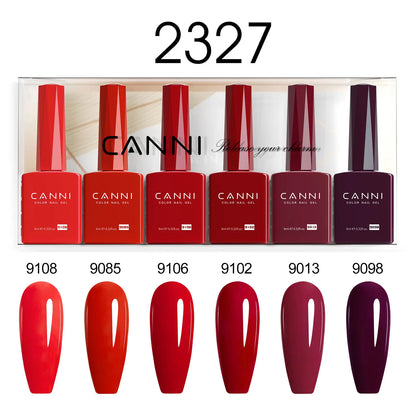Blushimmer 6-pack 9ml CANNI HEMA-Free nail gel polish set with vibrant semi-permanent colors for UV and LED gel nails.