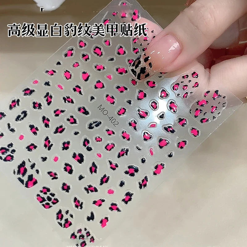 Pink and black 5D leopard print nail art stickers from Blushimmer, 8x10cm sheet for DIY manicure leopard decal design.