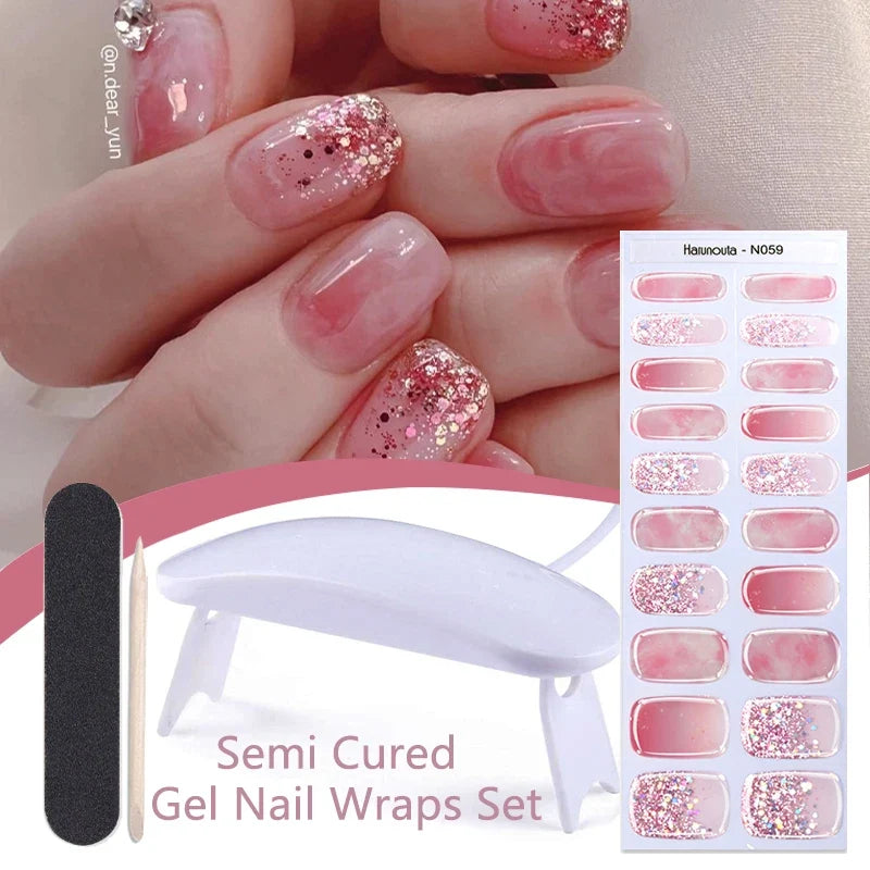 Blushimmer Harunouta 4-pack nude pink gradient gel nail strips with lamp, waterproof, semi-cured, long-lasting nail stickers and wraps