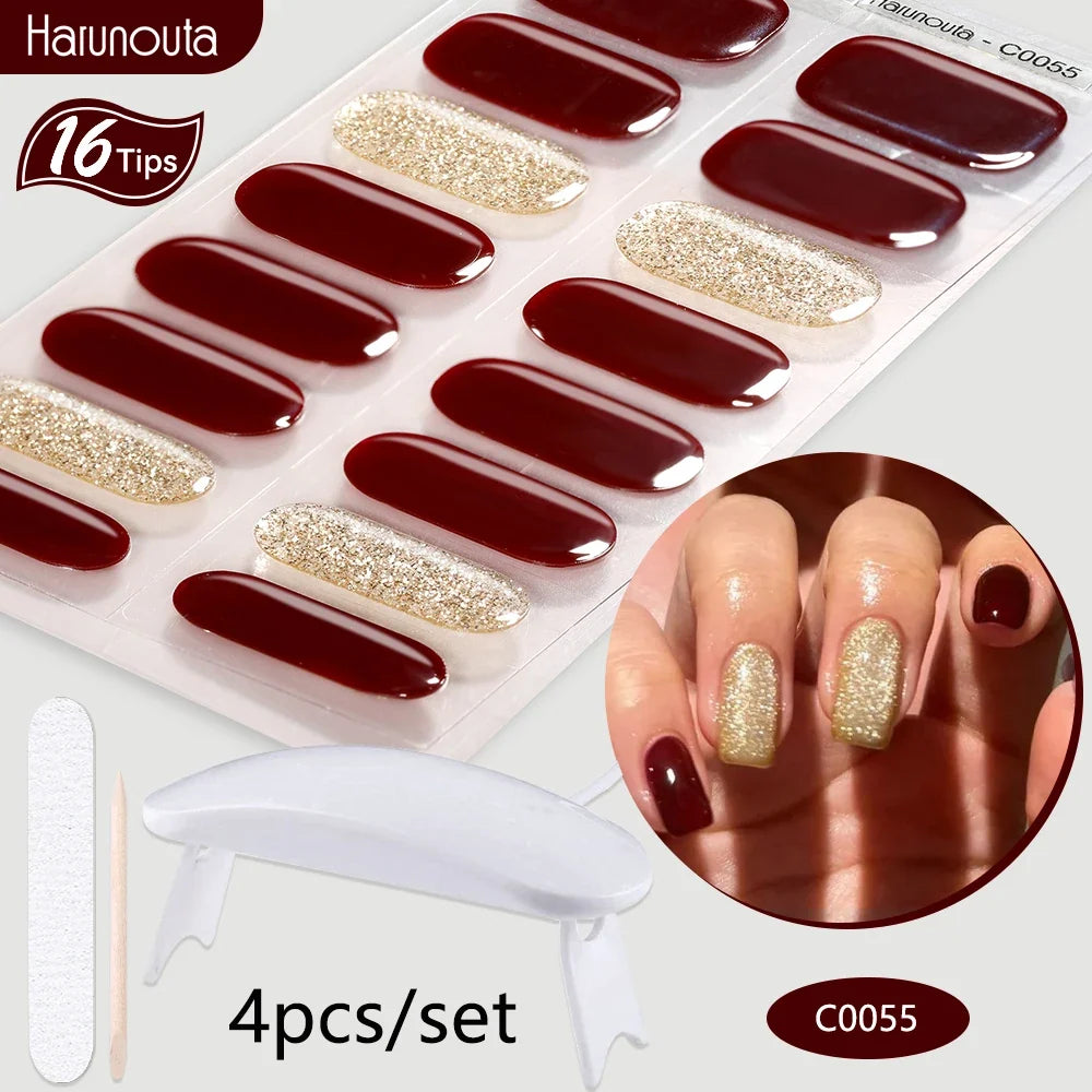 Blushimmer Harunouta 4-piece gradient jelly semi-cured gel nail strips with nail lamp, nude pink waterproof long-lasting nail wraps.
