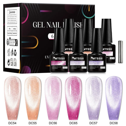 Set of 7 colorful pink magnetic gel nail polishes by Blushimmer with magnetic rods, semi-permanent UV gel varnish for nails.