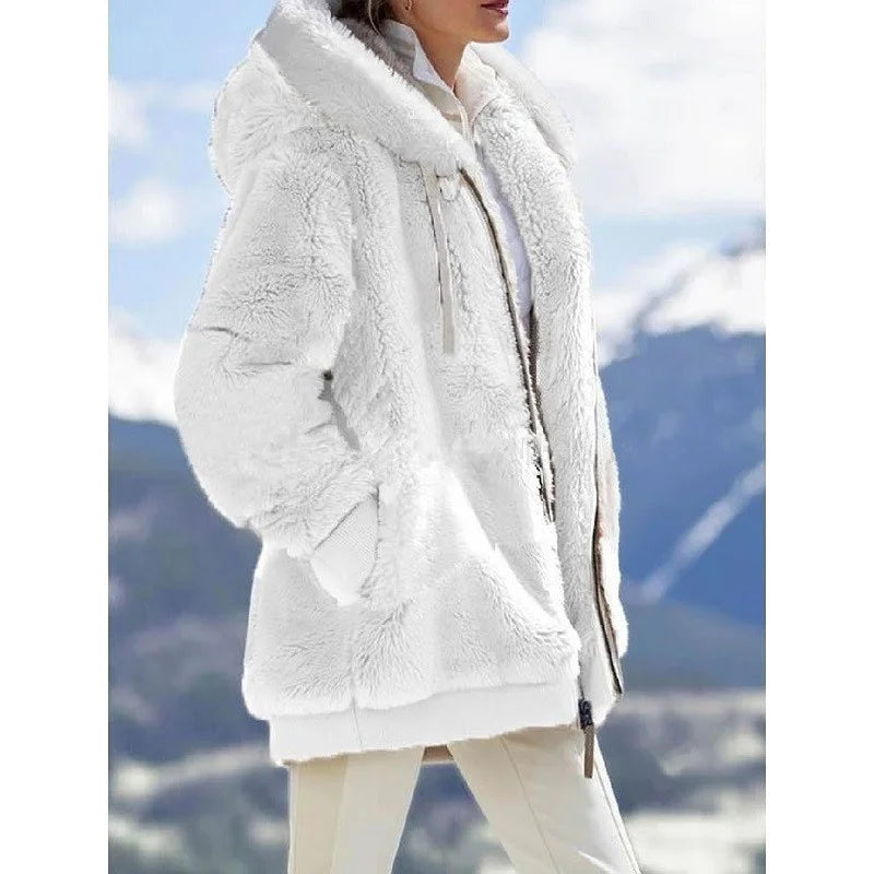 Women Winter Warm Faux Fur Jacket Plush Coat New Casual Hooded Fashion Zipper Soft Fleece Cashmere Jackets Female Thick Clothing