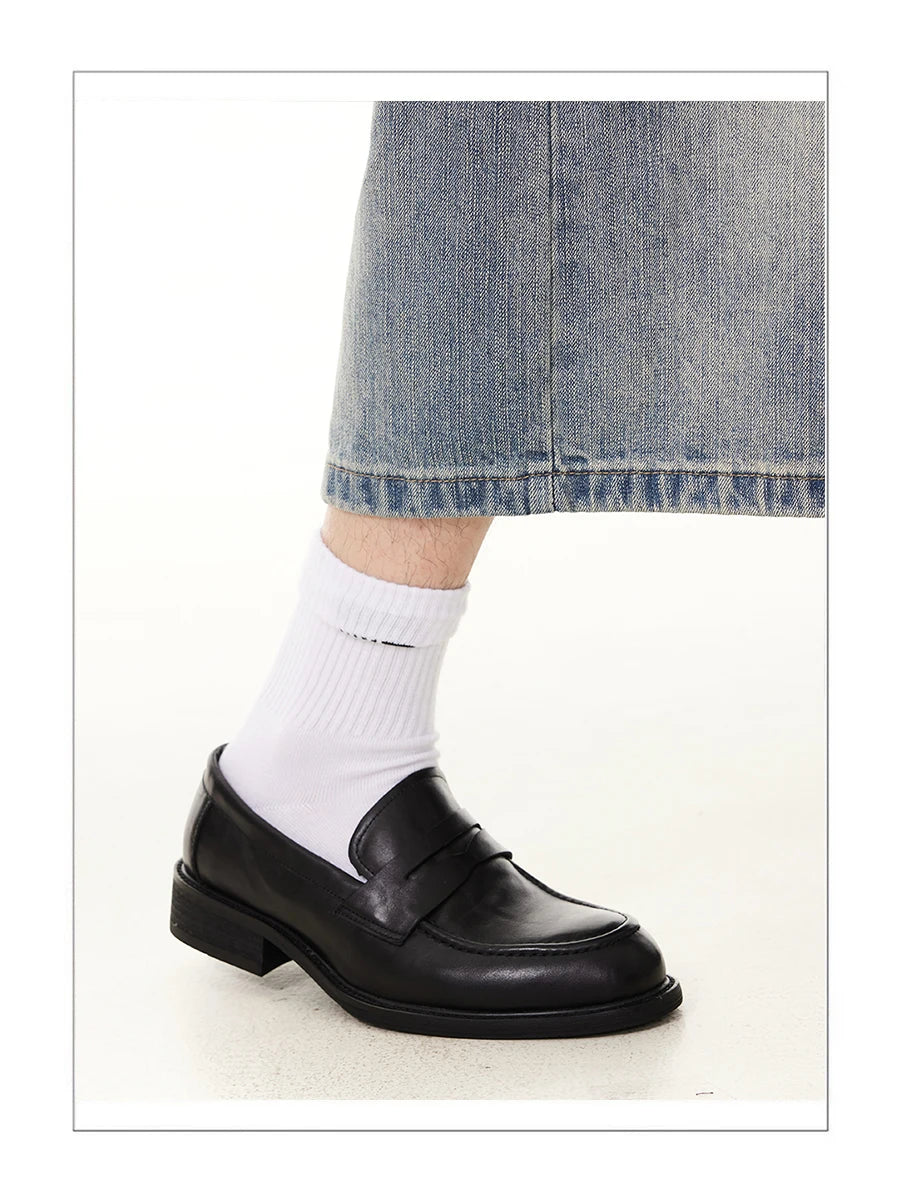 Elegant slip in loafers for men classic commuting square toe genuine cowhide derby formal dress leather shoes