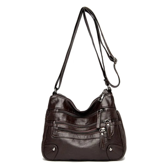 Dark brown women's multi-layer leather shoulder crossbody bag by LPO, featuring multiple compartments and adjustable strap.