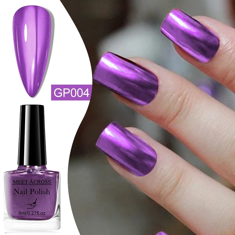 Blushimmer mirror metallic nail polish in 8ml bottle, showcasing shiny, long-lasting air-dry finish for salon-quality manicures.