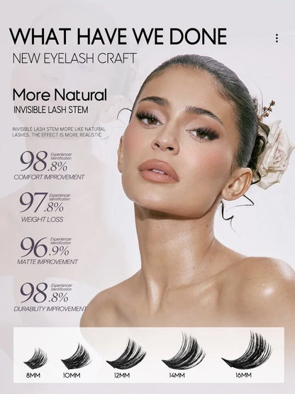Blushimmer Lash Clusters Kit with fluffy C curl individual eyelash extensions in 10-18mm, including lash bond and seal for DIY application.