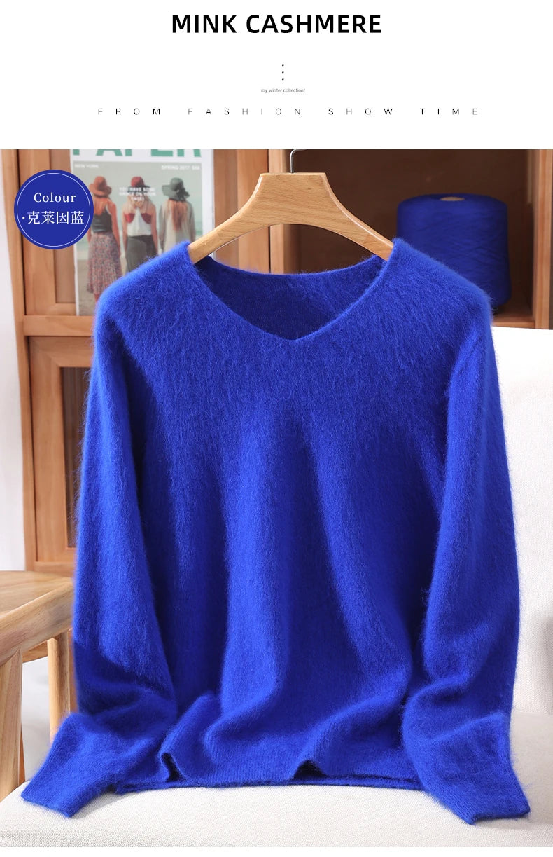 Autumn And Winter New High-End Female Mink Cashmere Sweater Solid Color Long-Sleeved Wool Knit Bottoming Sweater Loose Top