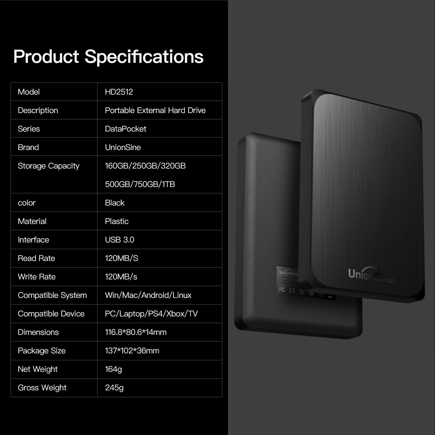 UnionSine 2.5'' HDD External Hard Drives 500GB/1TB USB 3.0 Portable, Reliable Backup for PC, Laptop, PS4/PS5, Xbox