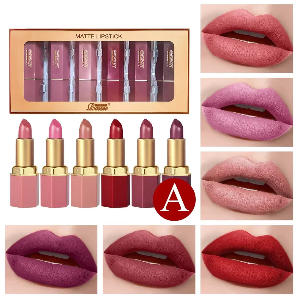 Six Blushimmer velvet lipstick tubes in gold and pearlescent glitter, featuring matte textures in six vibrant colors.