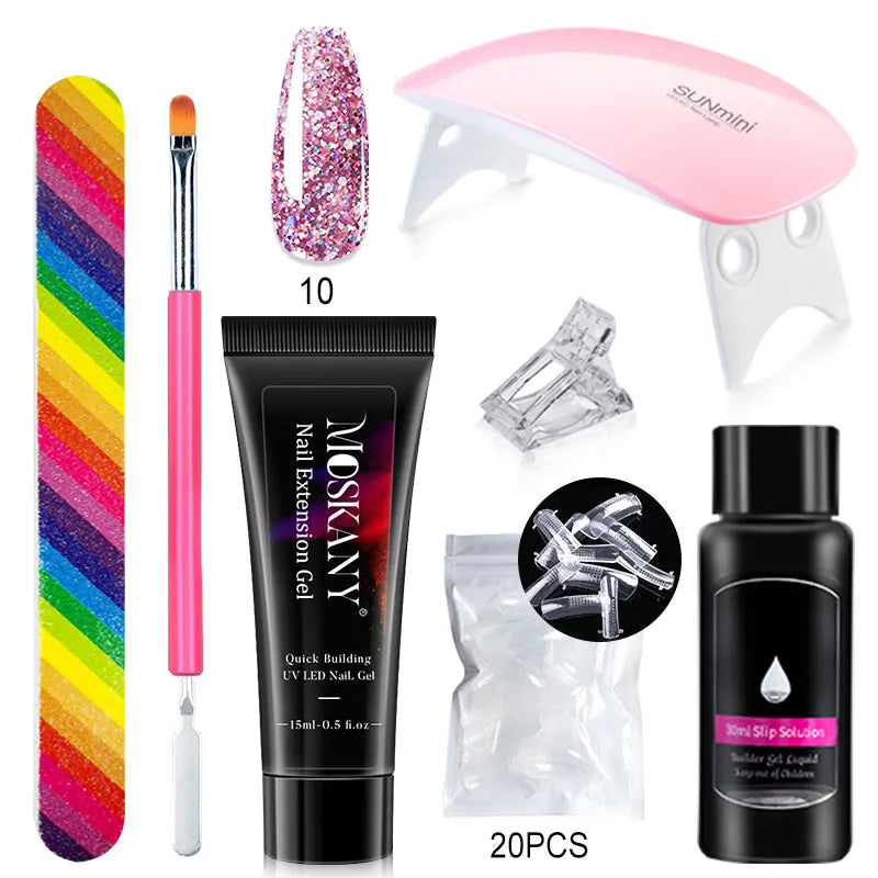 Blushimmer poly nail gel full set with 6W LED lamp, nail tips, 3D design decorations, and manicure tools for beginners.