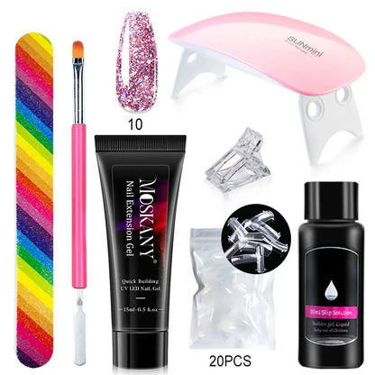 Blushimmer poly nail gel full set with 6W LED lamp, nail tips, 3D design decorations, and manicure tools for beginners.