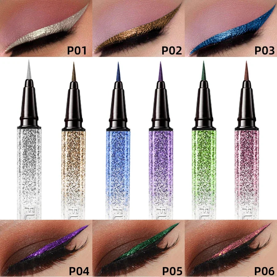 Shiny metallic liquid eyeliner by Blushimmer in pearlescent waterproof formula, 0.6ml with a sleek applicator.