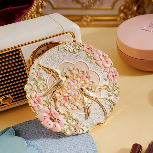 Vintage Chinese style mini mirror by Blushimmer featuring a delicate peony flower design, perfect for portable makeup and cosmetic use.
