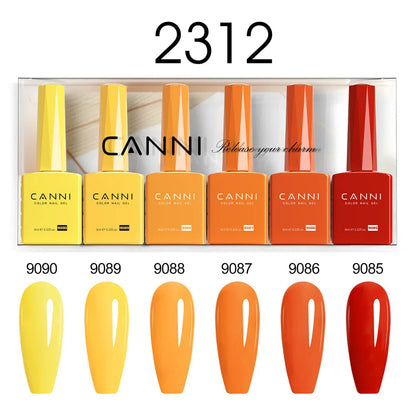 Blushimmer CANNI HEMA Free Nail Gel Polish Set with six 9ml bottles in vibrant colors for gel nails, soak-off UV and LED compatible.