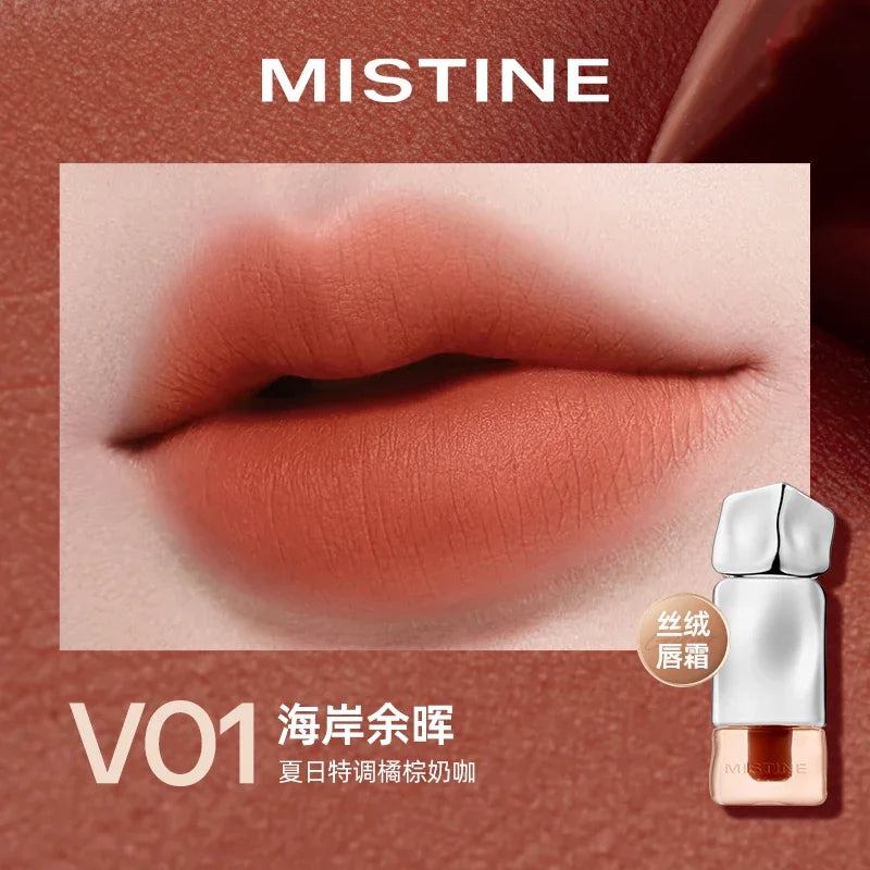 Blushimmer Mistine nude lipstick tube, long-lasting creamy matte lip glaze with mirror gloss and lip jelly finish, 2.9g