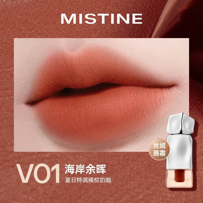 Blushimmer Mistine nude lipstick tube, long-lasting creamy matte lip glaze with mirror gloss and lip jelly finish, 2.9g