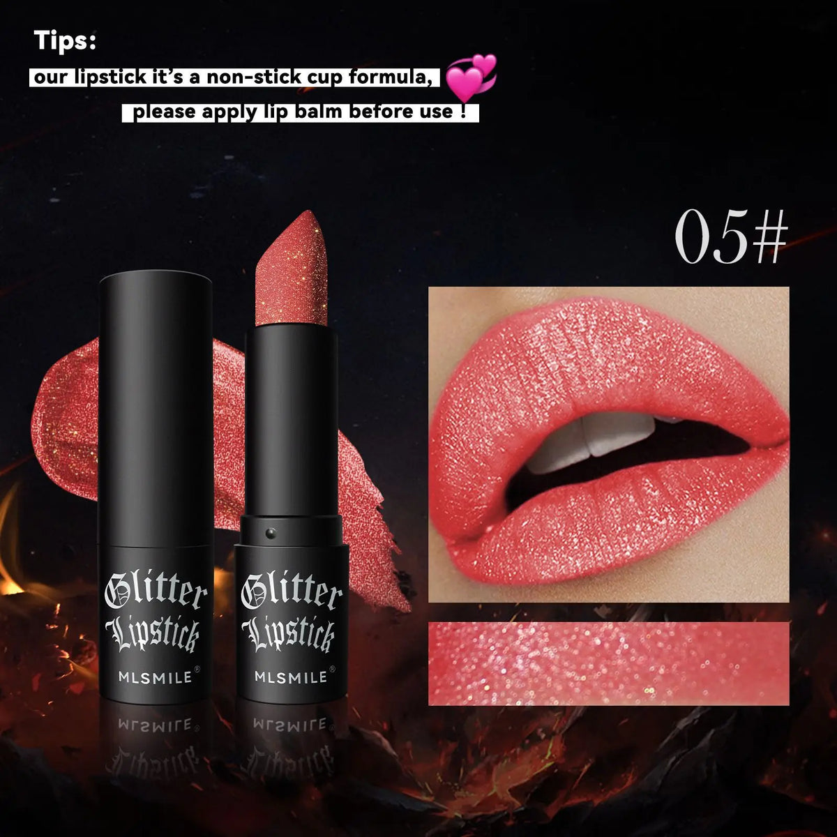 Blushimmer 7Colors glitter waterproof metallic lipstick and black lip gloss on lips, showcasing shiny, pearlized makeup look