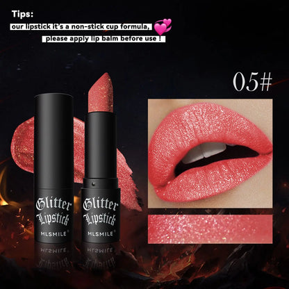 Blushimmer 7Colors glitter waterproof metallic lipstick and black lip gloss on lips, showcasing shiny, pearlized makeup look