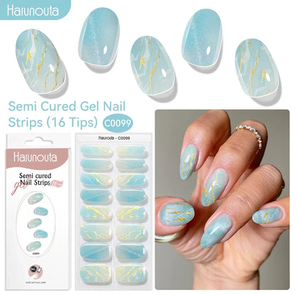 Blushimmer Harunouta 16-strip gradient red marble gold line semi-cured gel nail strips for DIY gel polish art