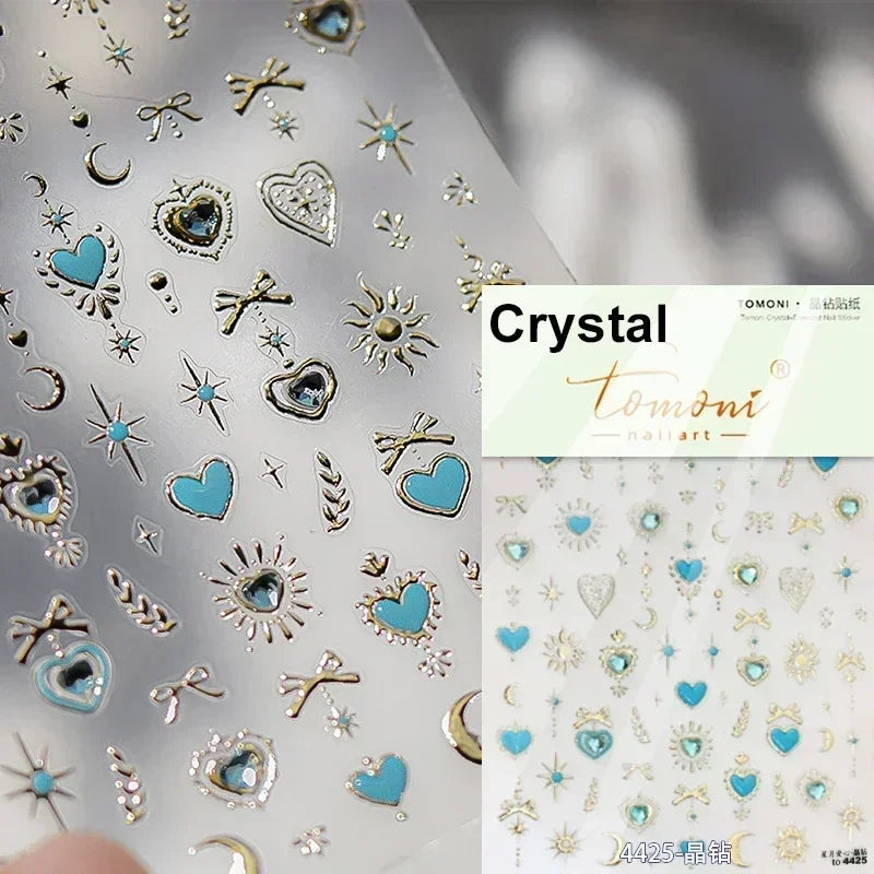 Colorful Cat's Eye 5D gradient European love heart gem nail art stickers with geometric wing shapes from Blushimmer for manicure decoration.