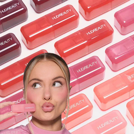 Blushimmer Huda Beauty Blush Filter Soft Glow liquid blush and shiny lip gloss in cotton candy and bubblegum shades, close-up shots.