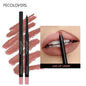 Blushimmer waterproof matte lipliner pencil in red, showing a close-up of the lip contour and lipstick application on lips.
