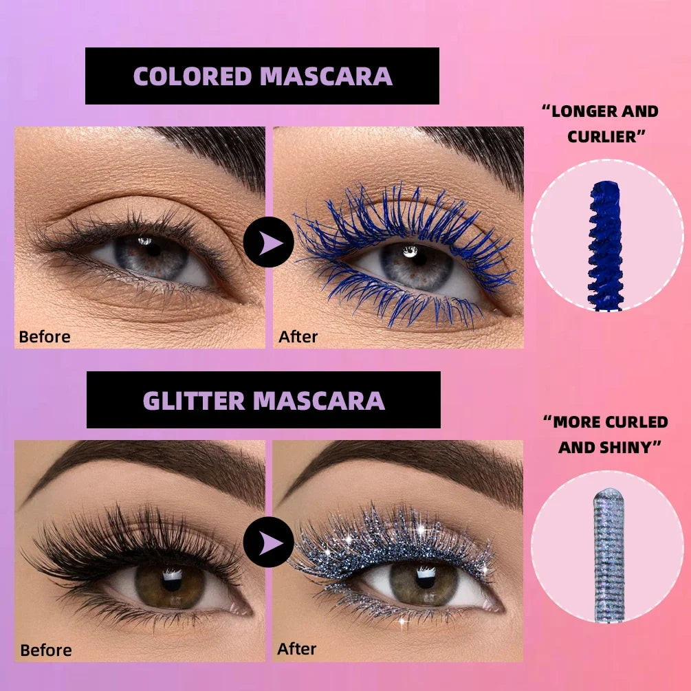 Blushimmer Qibest double-ended waterproof 4D fiber diamond glitter mascara with volumizing brush and shimmering glitter finish