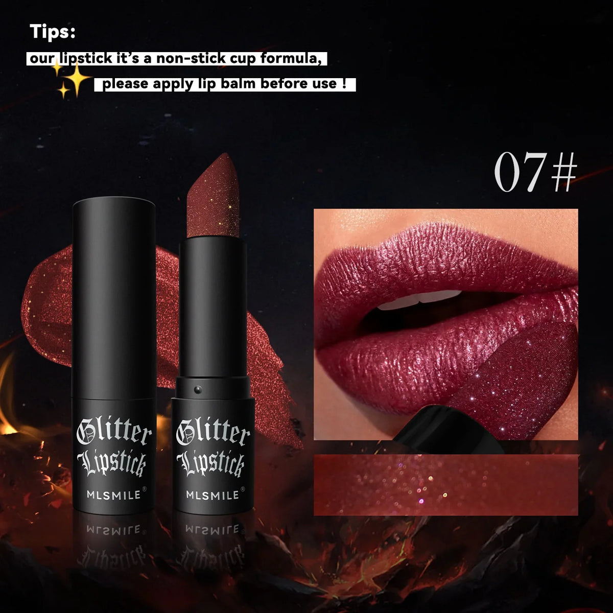 Blushimmer glitter lipstick with black gloss, long-lasting waterproof diamond pearlescent metallic lip makeup for women.