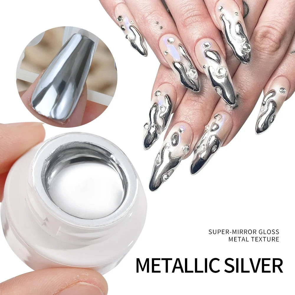 Blushimmer metallic gold mirror effect gel nail polish with French design and floral accents, UV soak-off gel for elegant manicures.