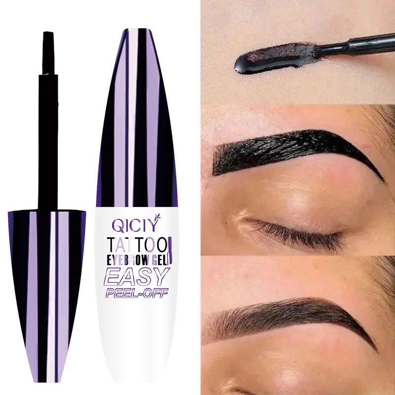 Blushimmer peel-off eyebrow tattoo tint in waterproof dye cream gel, showing the product tube and applicator on a white background.