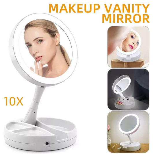 Blushimmer compact travel LED makeup mirror with 10X magnification, double-sided, folding design, and built-in lights.